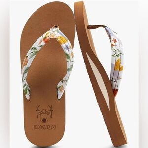 Kuailu Women's Summer Yoga Floral Flip Flops Cloth Strap Beach Slip On US5